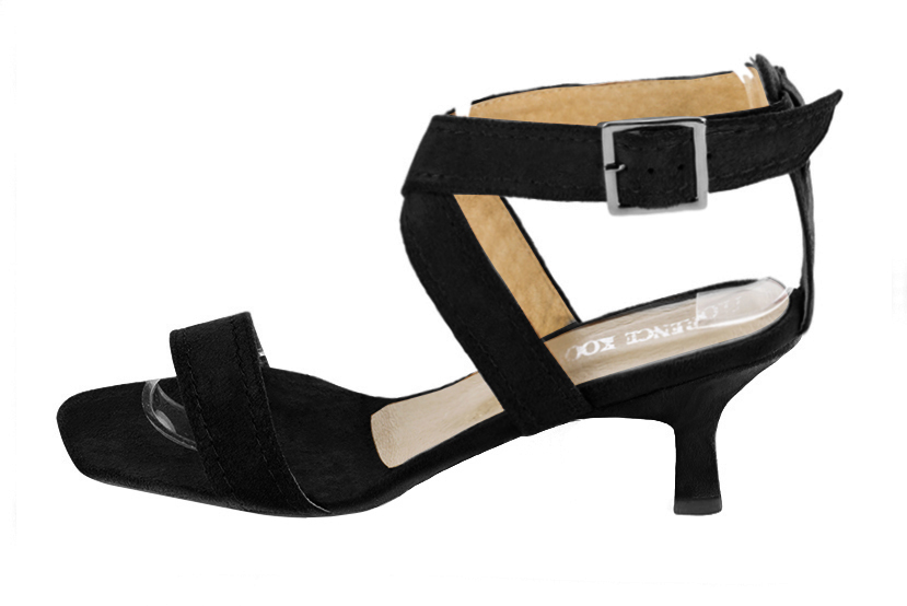 Matt black women's fully open sandals, with crossed straps. Square toe. Medium spool heels - Florence KOOIJMAN